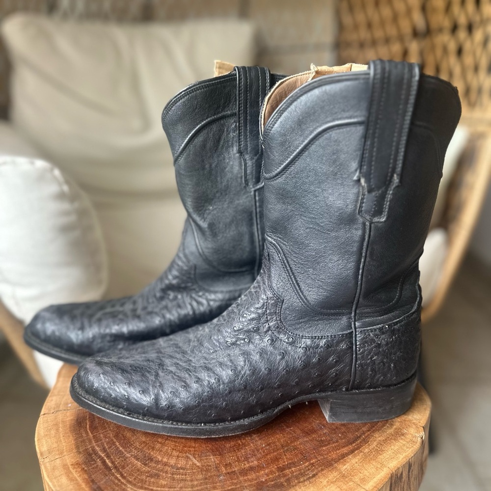 Men’s Tecovas Black Ostrich Leather Cowboy Boots Sz 8